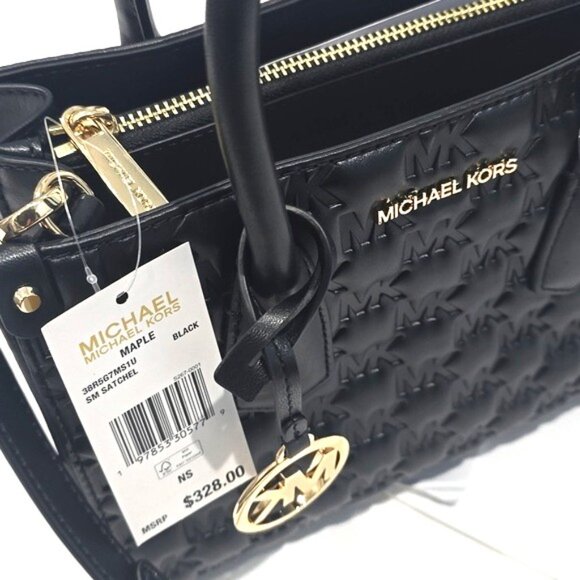 NWT ✅  Michael Kors MAPLE Small MK Embossed Leather Satchel BLACK ✨NWT - Picture 3 of 14